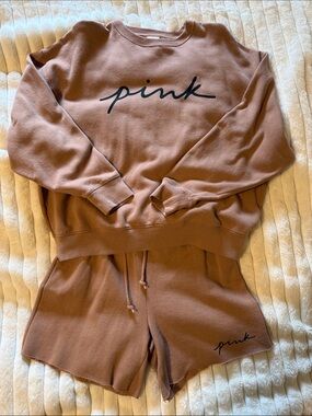PINK Victoria's Secret Tan/Light Brown Pullover Sweatshirt and Short Set